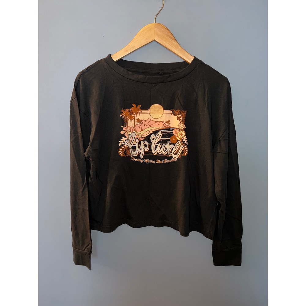 Rip Curl Womens Cropped Long Sleeve Graphic Tee Faded Black Surf Shirt Small‎